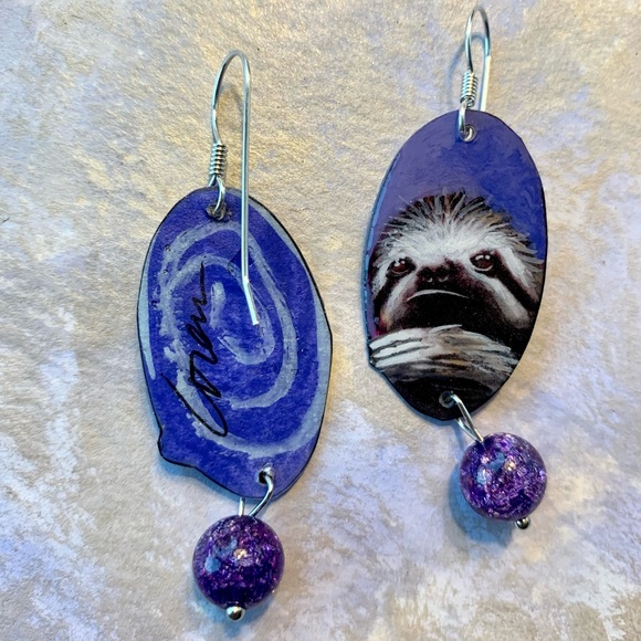 Hand Painted sloth earrings sterling wires, purple bead OOAK wildlife earrings - Picture 5 of 5